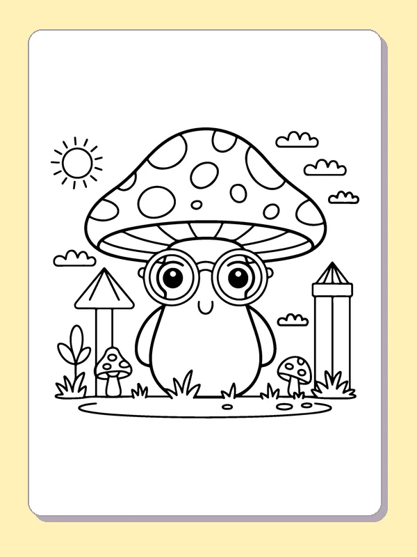 Mushroom with Round Glasses coloring page: black and white line art to print or color online