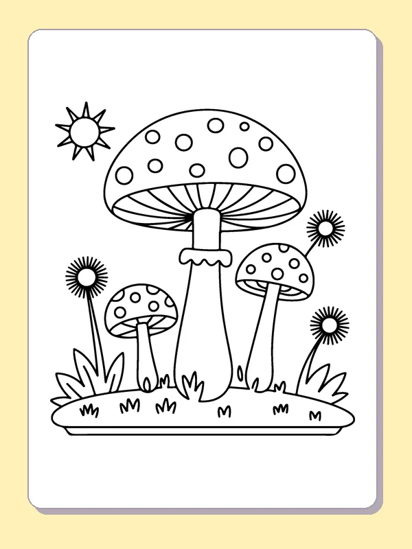 Mushrooms beside Dandelions coloring page: black and white line art to print or color online