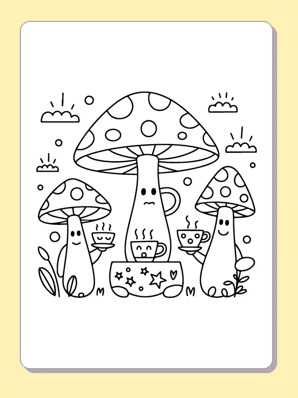 Mushrooms around a Flower Pot coloring page: black and white line art to print or color online