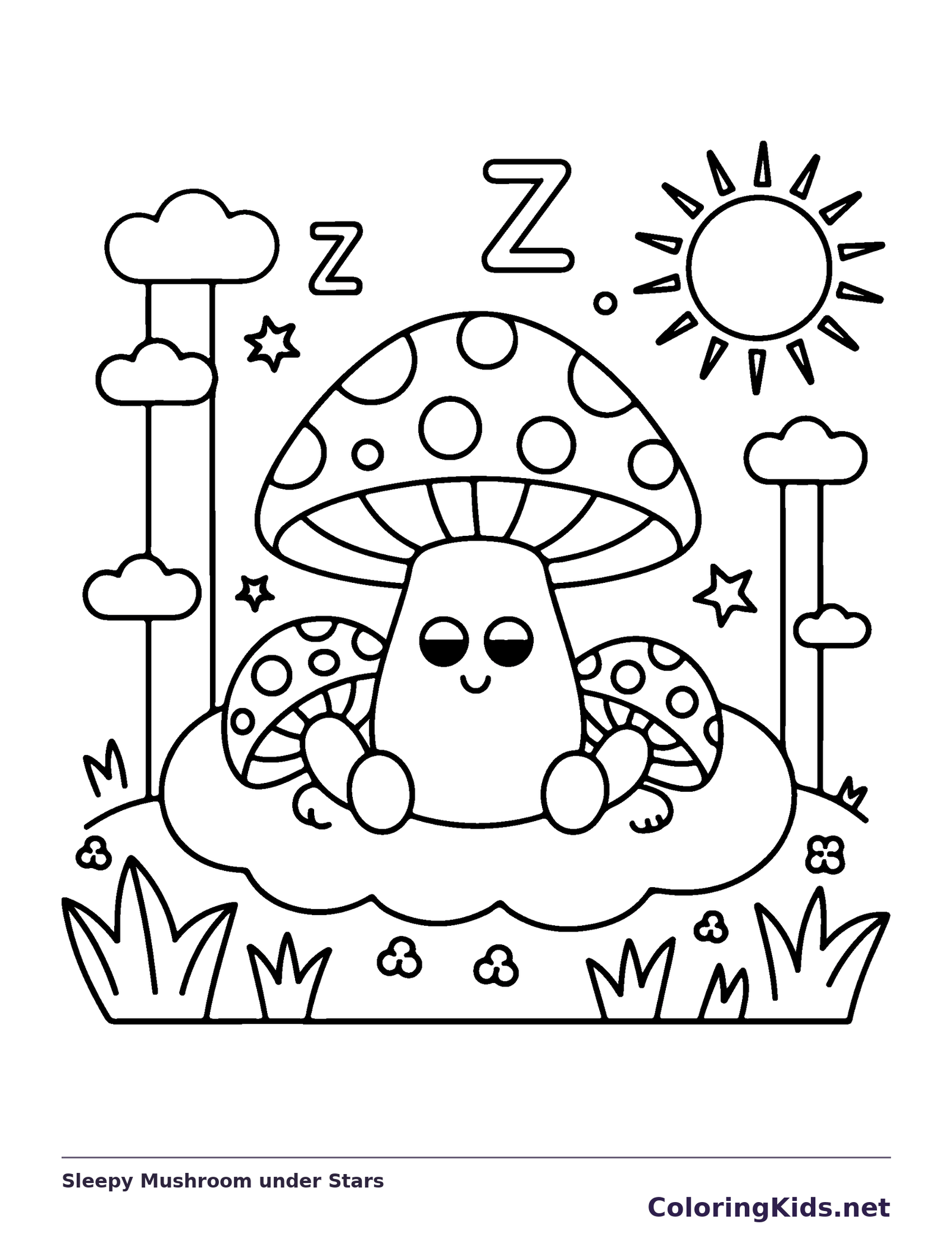 Sleepy Mushroom under Stars coloring page: black and white line art to print or color online