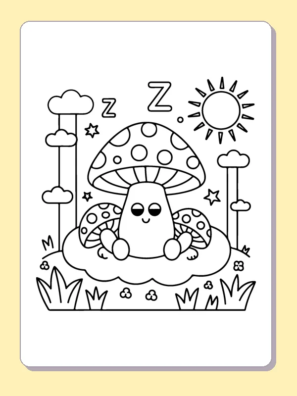 Sleepy Mushroom under Stars coloring page: black and white line art to print or color online