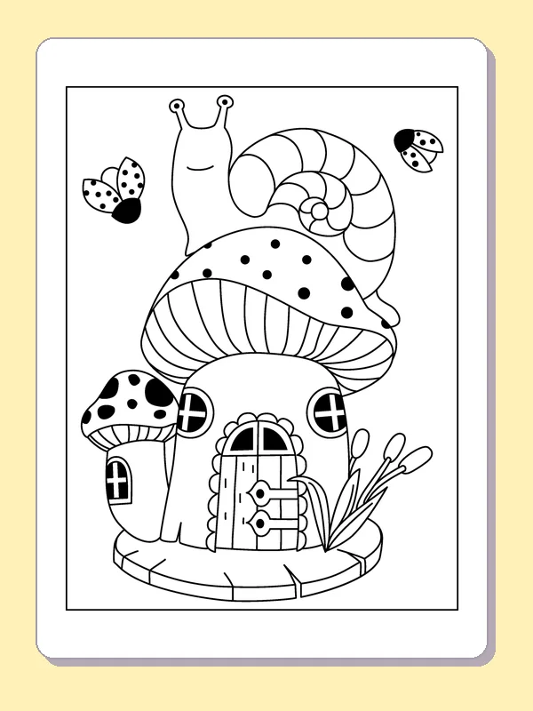 Snail on a Mushroom House coloring page: black and white line art to print or color online
