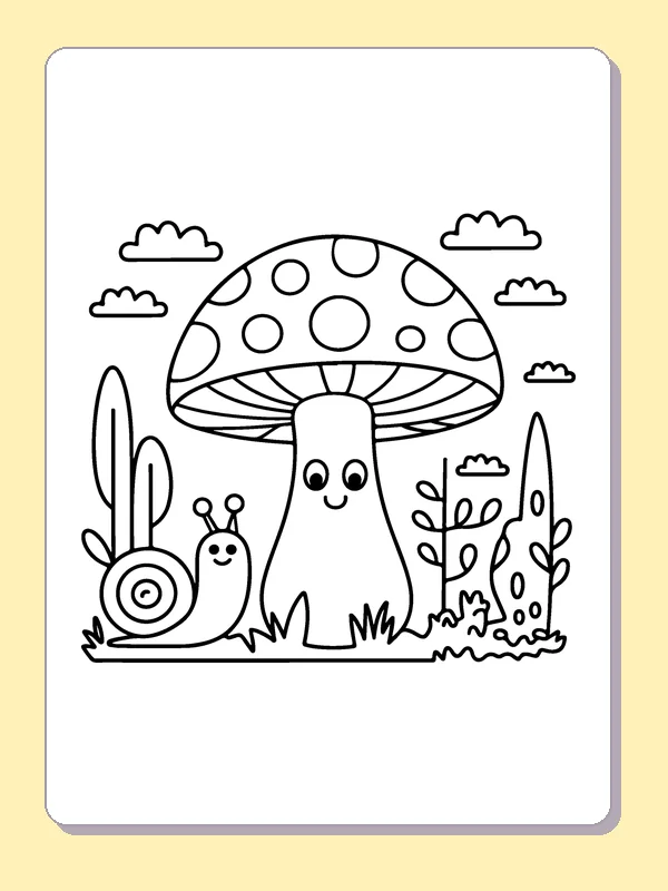 Snail Visiting a Mushroom coloring page: black and white line art to print or color online