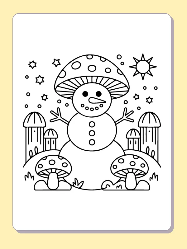 Snowman among Mushrooms coloring page: black and white line art to print or color online