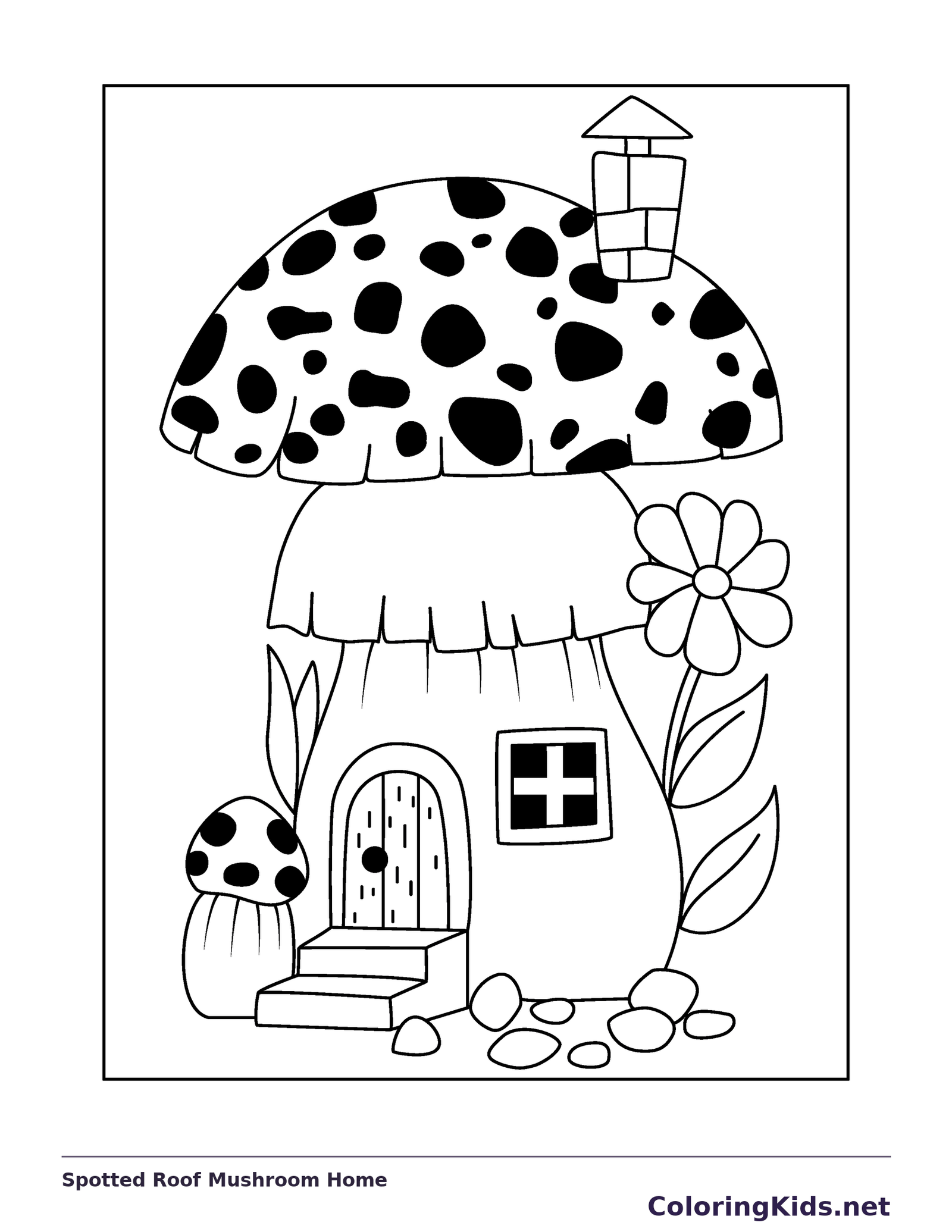Spotted Roof Mushroom Home coloring page: black and white line art to print or color online