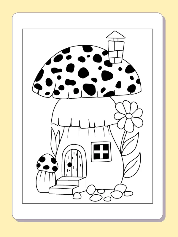 Spotted Roof Mushroom Home coloring page: black and white line art to print or color online