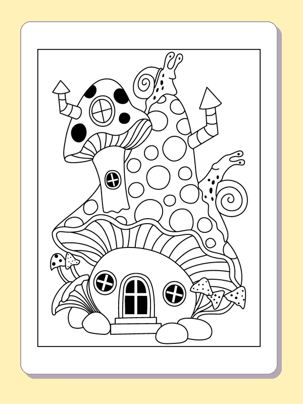 Stacked Mushroom Cottages coloring page: black and white line art to print or color online