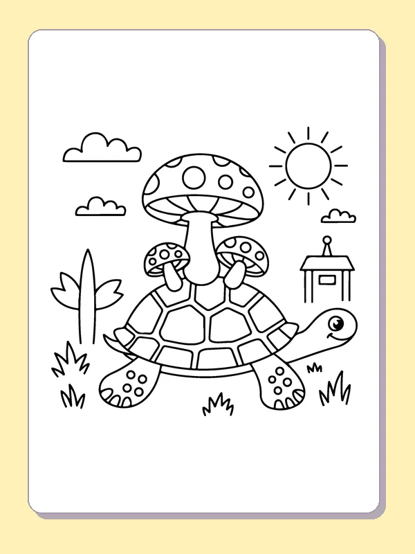 Tortoise beneath a Mushroom coloring page: black and white line art to print or color online