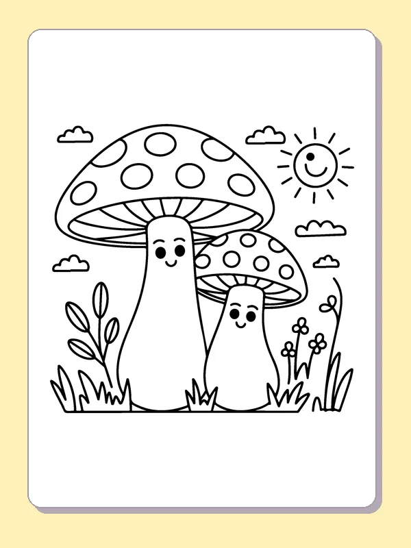 Two Mushroom Friends coloring page: black and white line art to print or color online