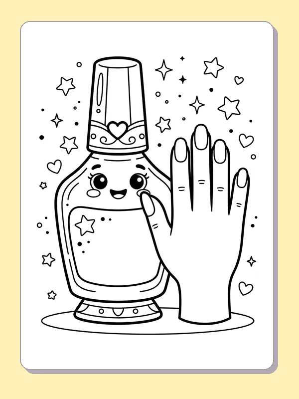 A cheerful nail polish bottle beside a hand with patterned nails and stars.