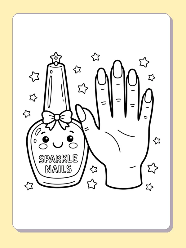 Smiling Sparkle Nails polish bottle beside a hand and stars