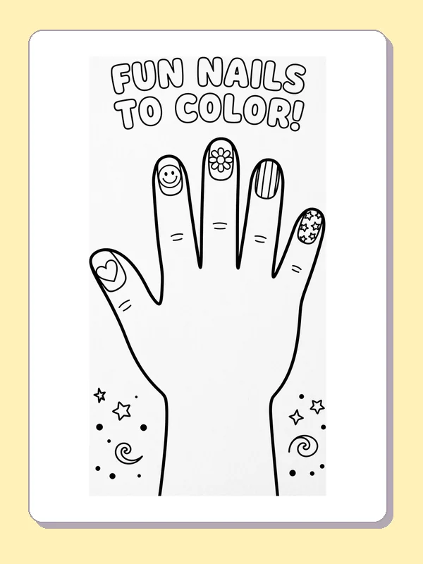 A hand with five different nail patterns beneath Fun Nails to Color lettering and small stars.