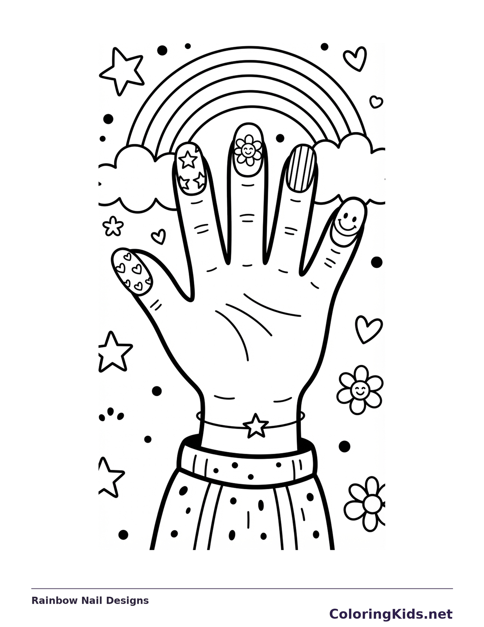 A hand displaying patterned nails beneath a rainbow, stars and flowers.