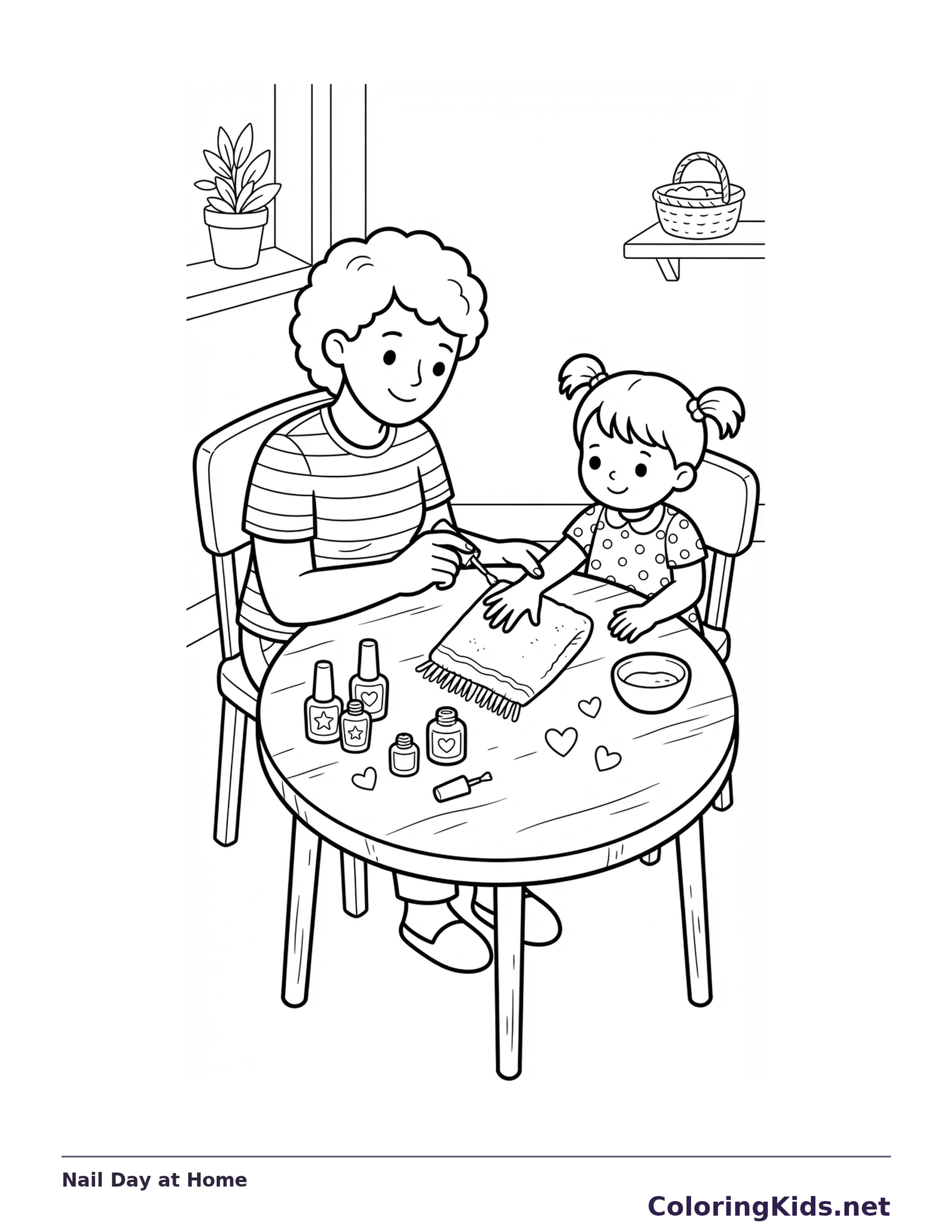 A parent and child sitting at a small table with nail polish bottles and little hearts.