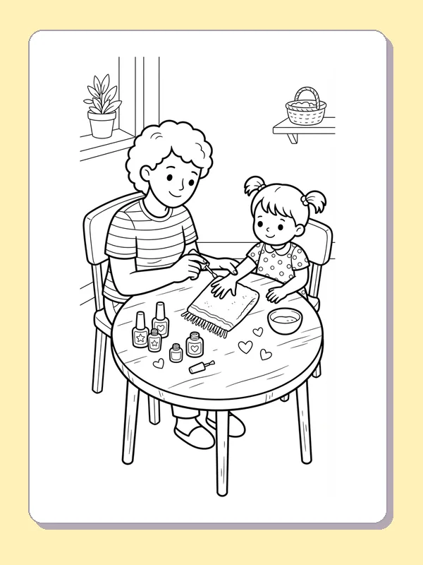 A parent and child sitting at a small table with nail polish bottles and little hearts.