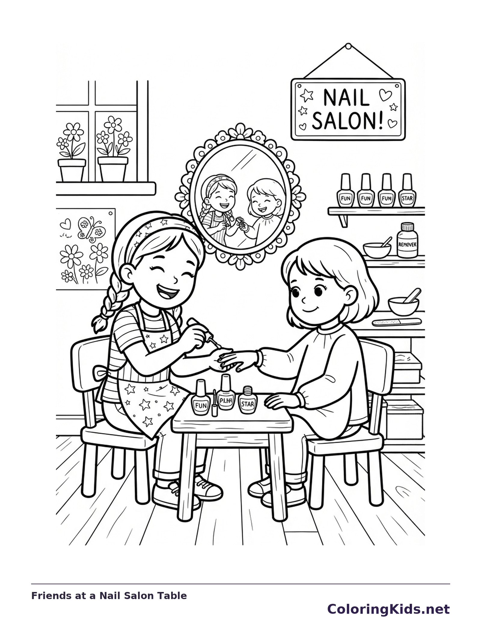 Two friends painting nails at a salon table with mirror and sign
