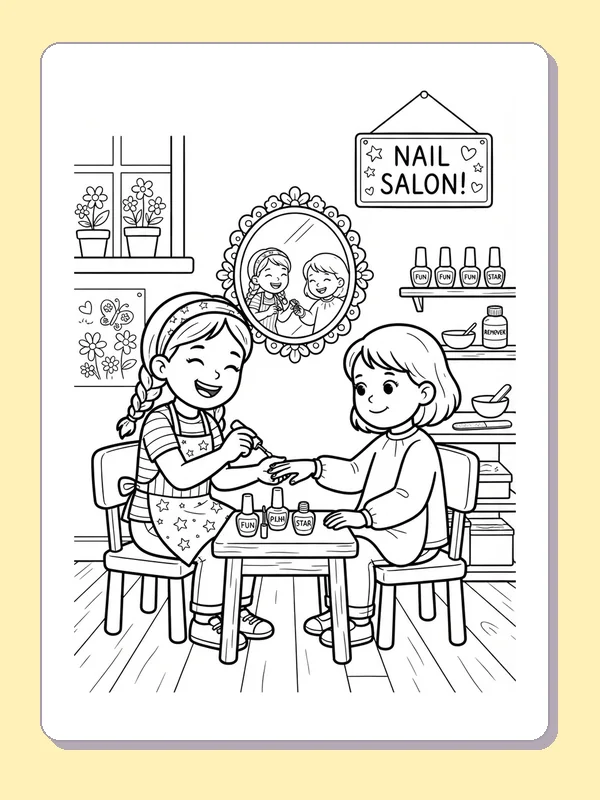 Two friends painting nails at a salon table with mirror and sign