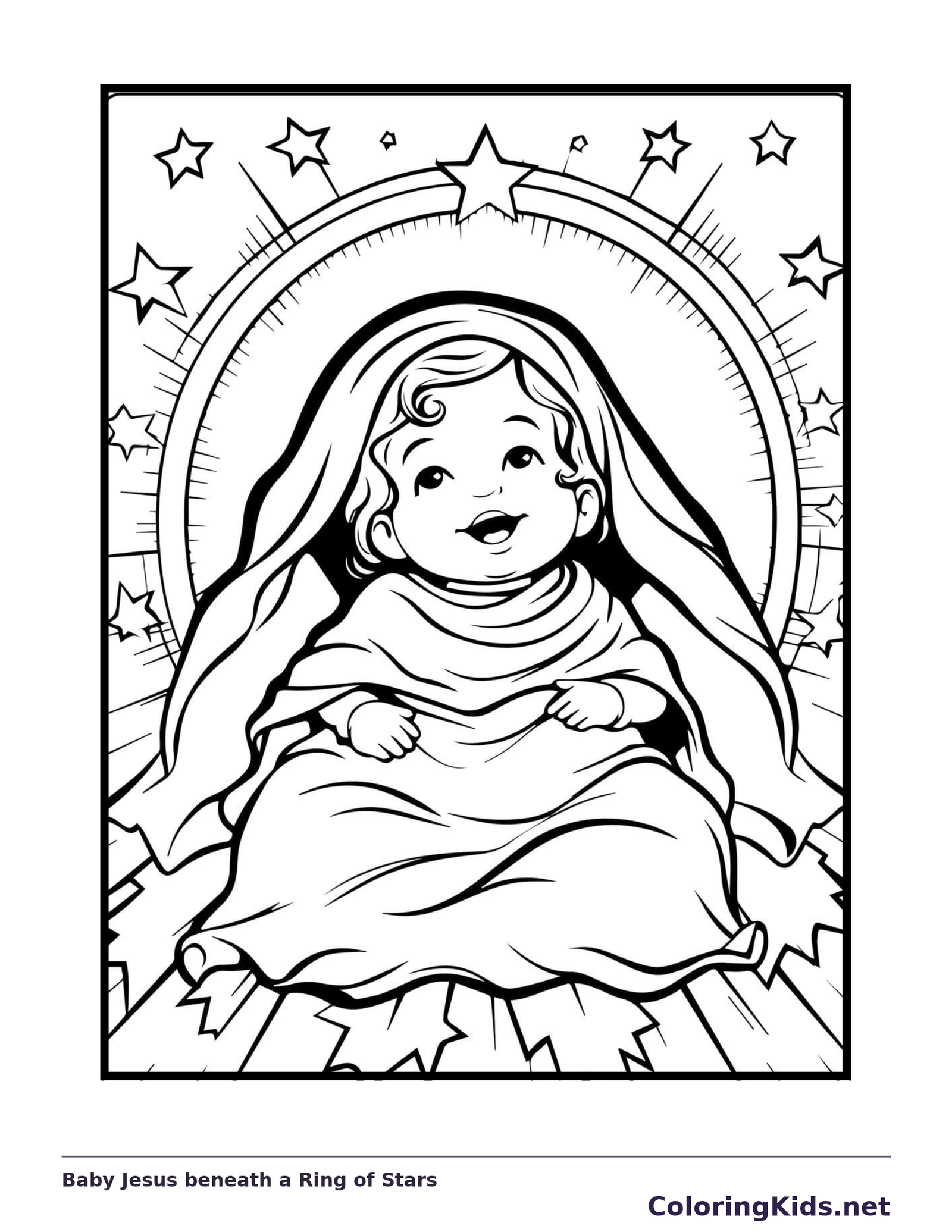 Baby Jesus beneath a Ring of Stars coloring page: black and white nativity line art to print or color online