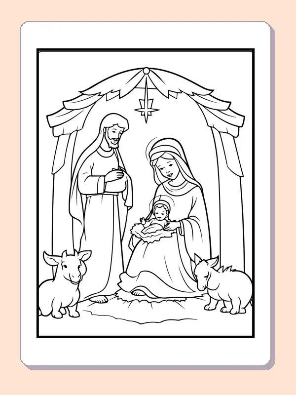 Family and Sheep beneath a Star coloring page: black and white nativity line art to print or color online