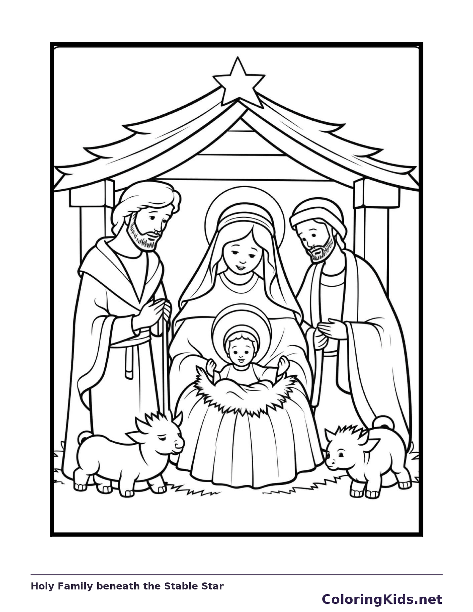 Holy Family beneath the Stable Star coloring page: black and white nativity line art to print or color online