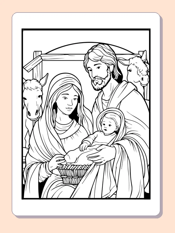 Holy Family in a Stable with a Sheep coloring page: black and white nativity line art to print or color online
