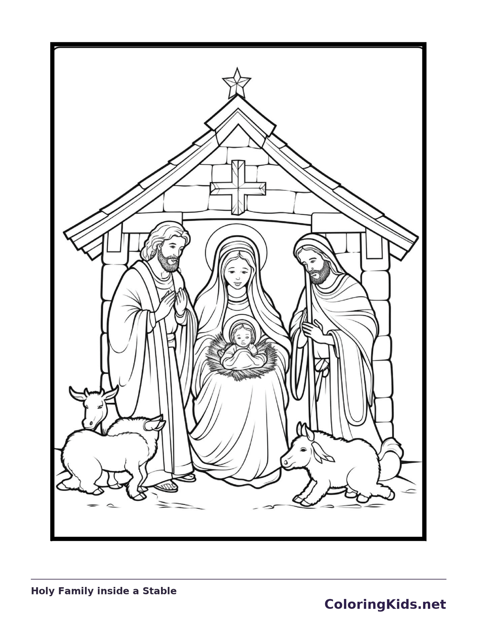 Holy Family inside a Stable coloring page: black and white nativity line art to print or color online