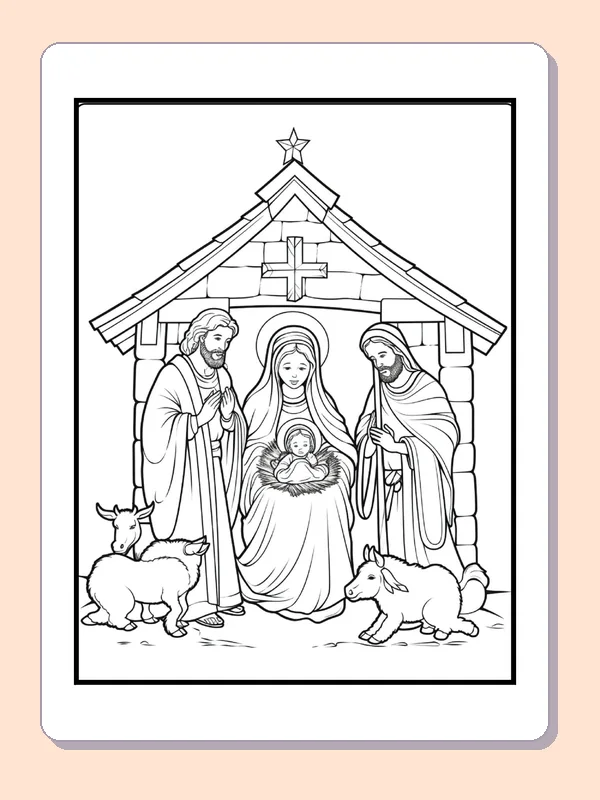 Holy Family inside a Stable coloring page: black and white nativity line art to print or color online