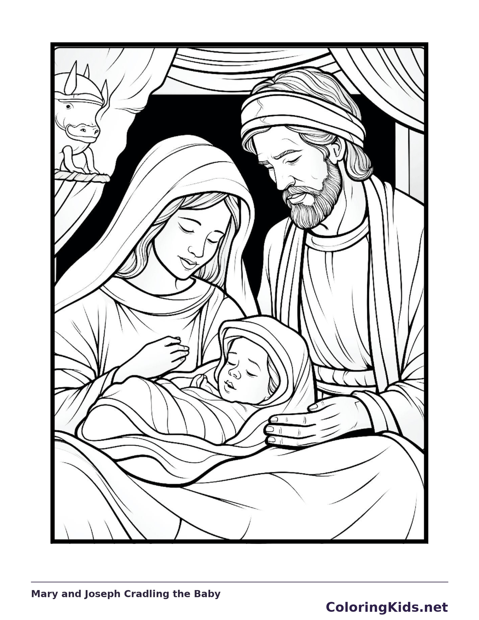 Mary and Joseph Cradling the Baby coloring page: black and white nativity line art to print or color online