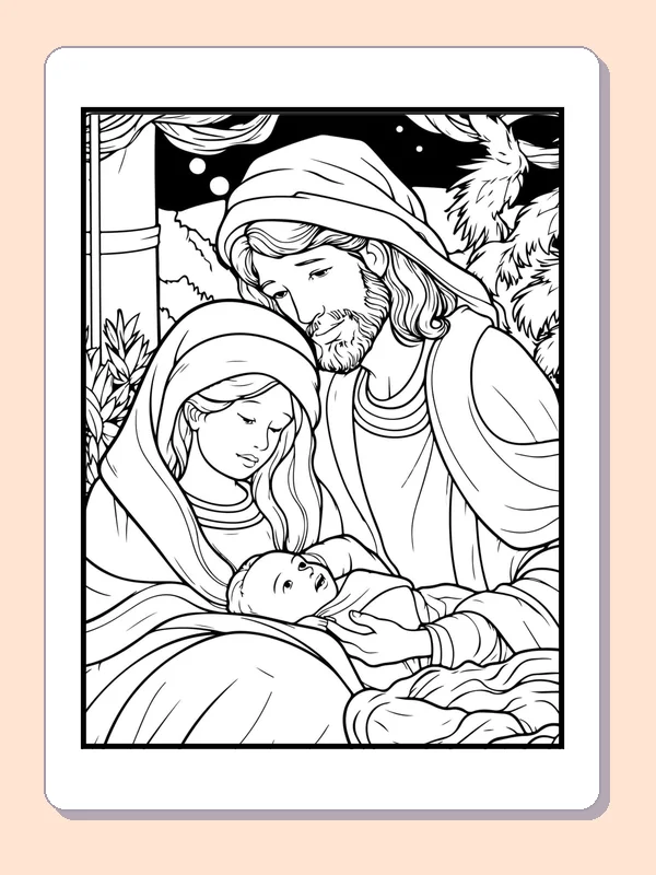 Mary and Joseph Holding Baby Jesus coloring page: black and white nativity line art to print or color online