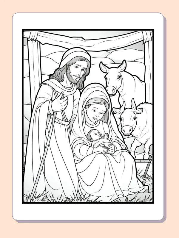 Mary and Joseph with Stable Animals coloring page: black and white nativity line art to print or color online