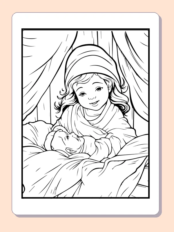 Mary Looking Closely at the Baby coloring page: black and white nativity line art to print or color online
