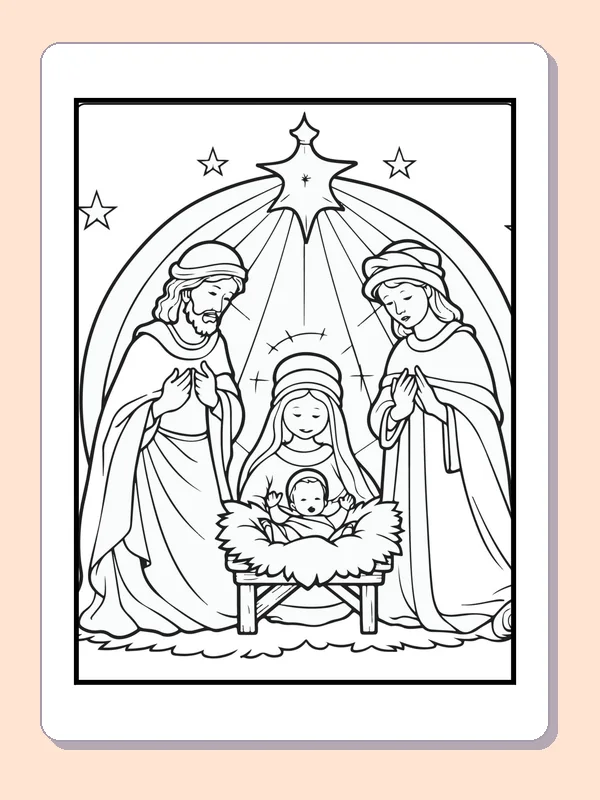 Nativity beneath a Bright Star coloring page: black and white nativity line art to print or color online
