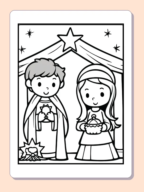 Two figures beneath a stable star coloring page: black and white line art to print or color online