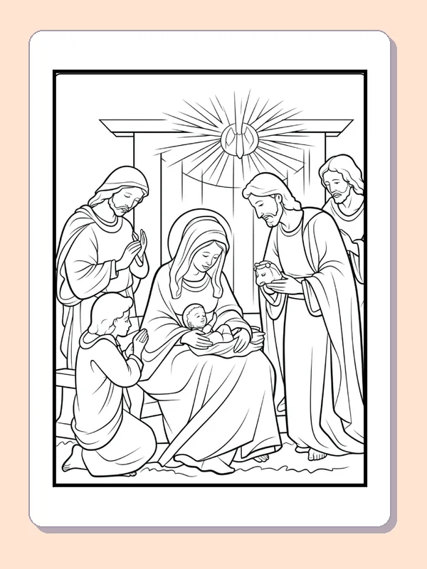 Visitors Gathered around the Manger coloring page: black and white nativity line art to print or color online