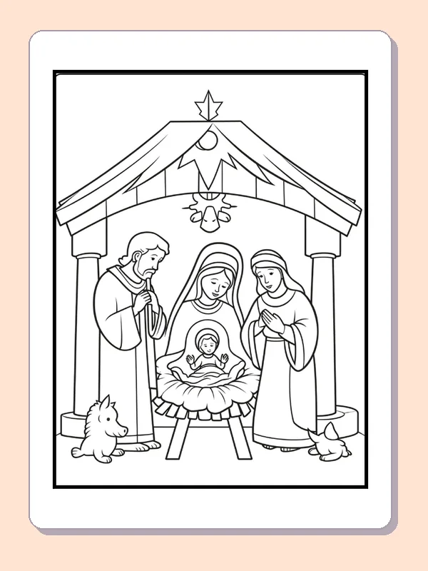 Visitors Gathering by the Manger coloring page: black and white nativity line art to print or color online