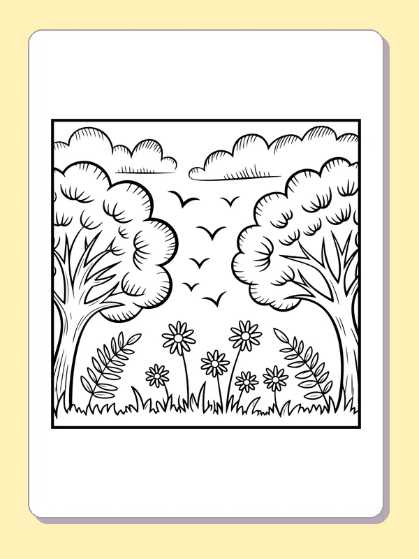 Black and white printable birds above a flower meadow coloring sheet