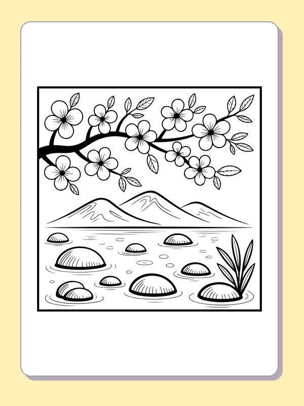 Black and white printable blossom branch over mountain stones coloring sheet