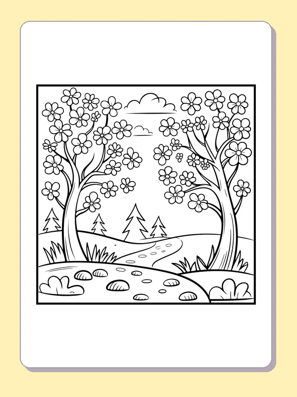 Black and white printable blossom trees beside a path coloring sheet