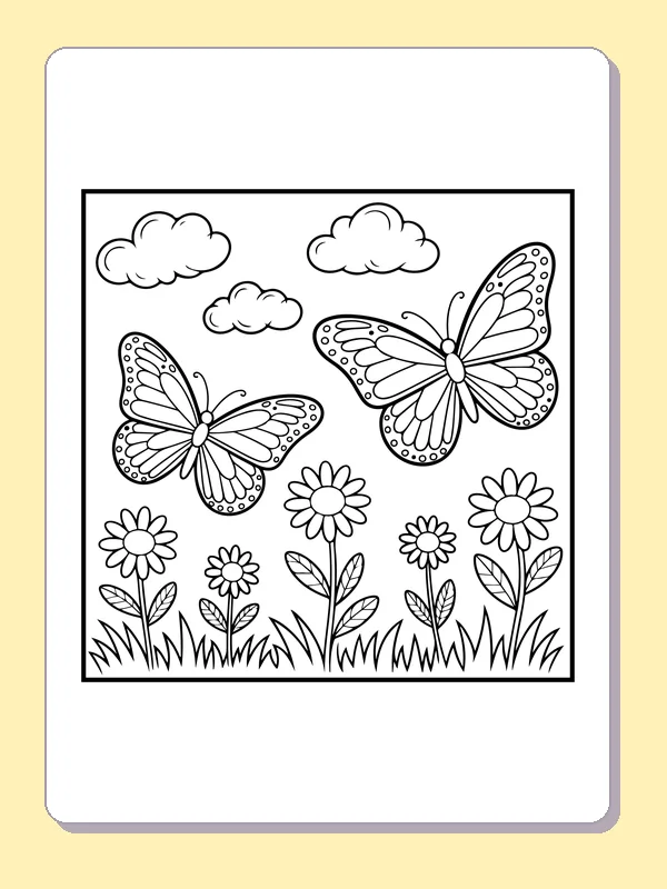 Black and white printable butterflies above meadow flowers coloring sheet