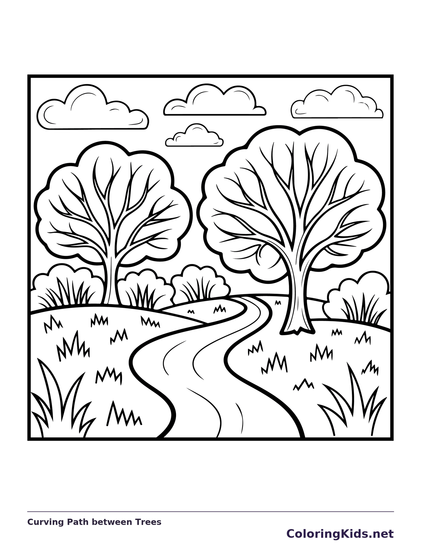 Black and white printable curving path between trees coloring sheet