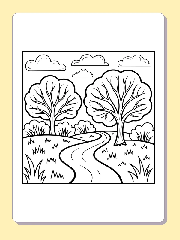 Black and white printable curving path between trees coloring sheet