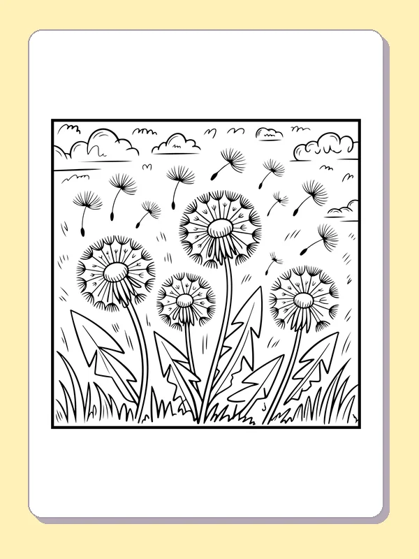 Black and white printable dandelion seeds on the breeze coloring sheet