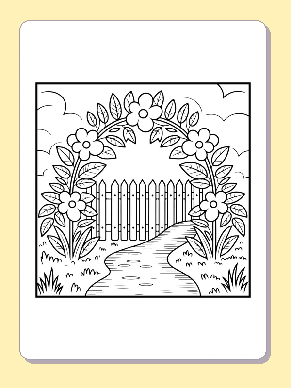Black and white printable flower arch by a garden gate coloring sheet