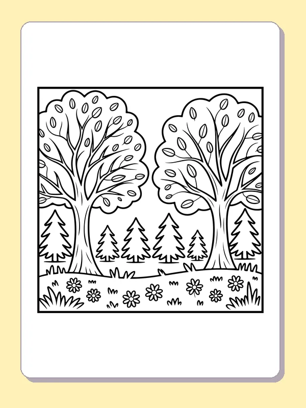 Black and white printable forest edge with flower patches coloring sheet