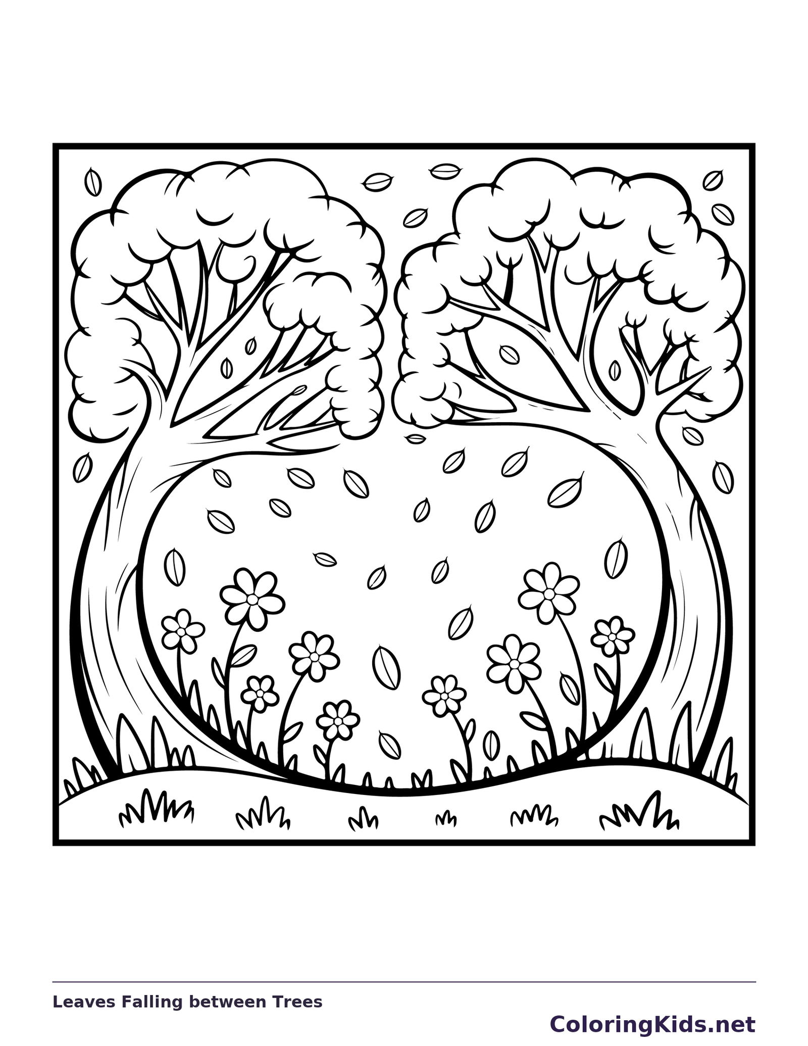 Black and white printable leaves falling between trees coloring sheet