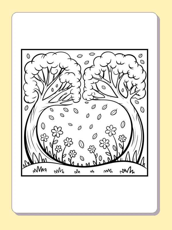 Black and white printable leaves falling between trees coloring sheet
