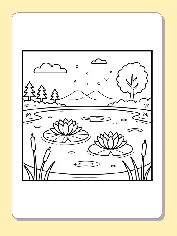 Black and white printable lily pads across a small lake coloring sheet