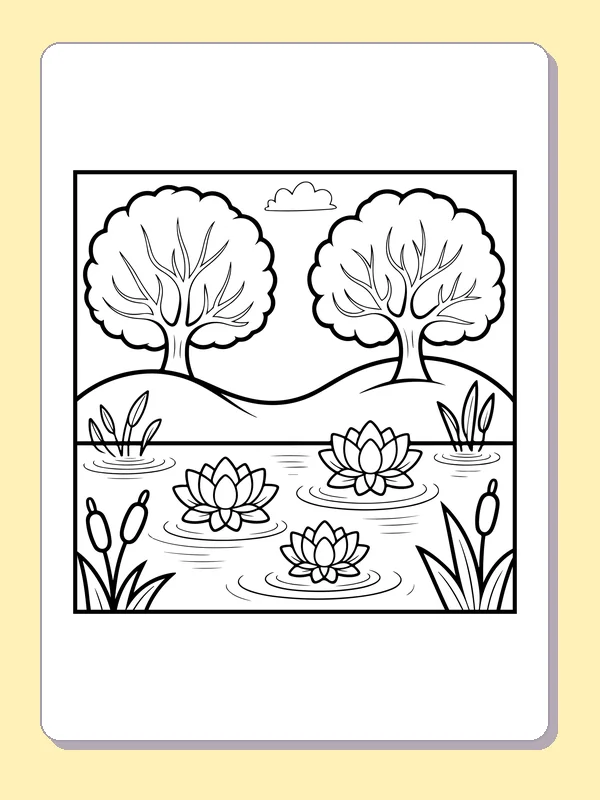 Black and white printable lily pond below two trees coloring sheet