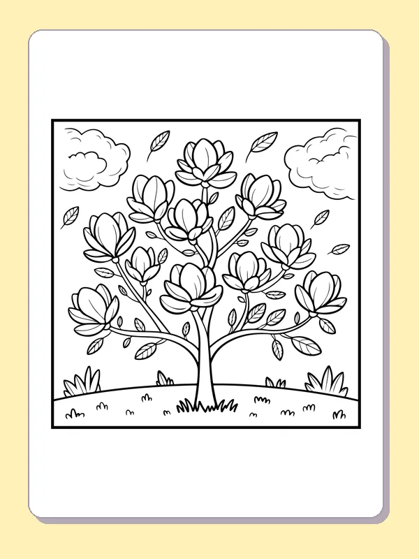 Black and white printable magnolia tree in a meadow coloring sheet