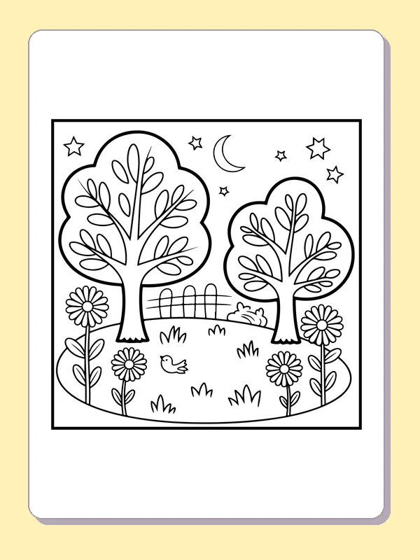 Black and white printable moonlit trees and flowers coloring sheet
